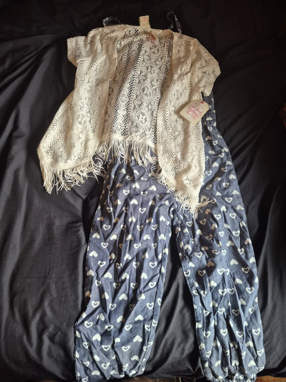 Girls 6x Navy Heart-Print Jumpsuit With Fringe Shrug